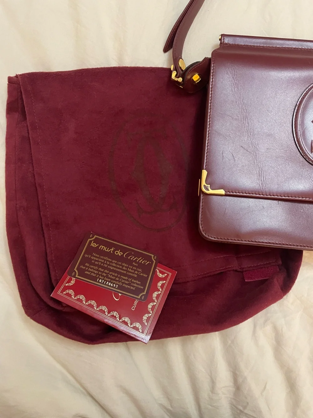 Vintage Cartier Burgundy Leather Crossbody Shoulder Bag Auth Card & Dust Bag - Picture 2 of 14